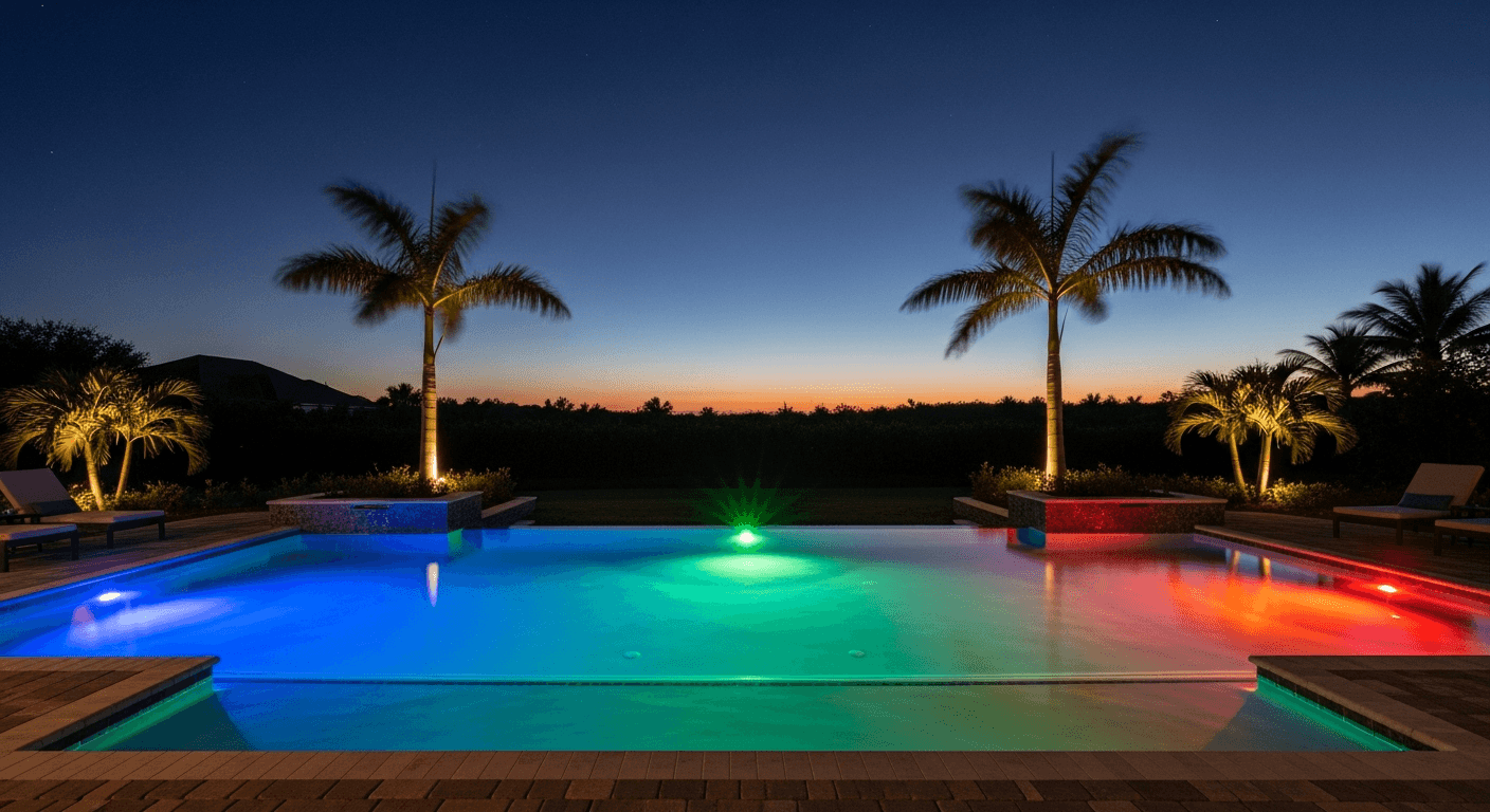 Modern LED pool lighting illuminating swimming pool at night in Florida backyard
