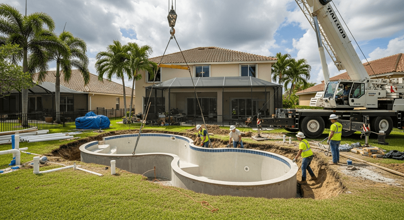 Fiberglass pool shell installation process with crane in Florida residential backyard