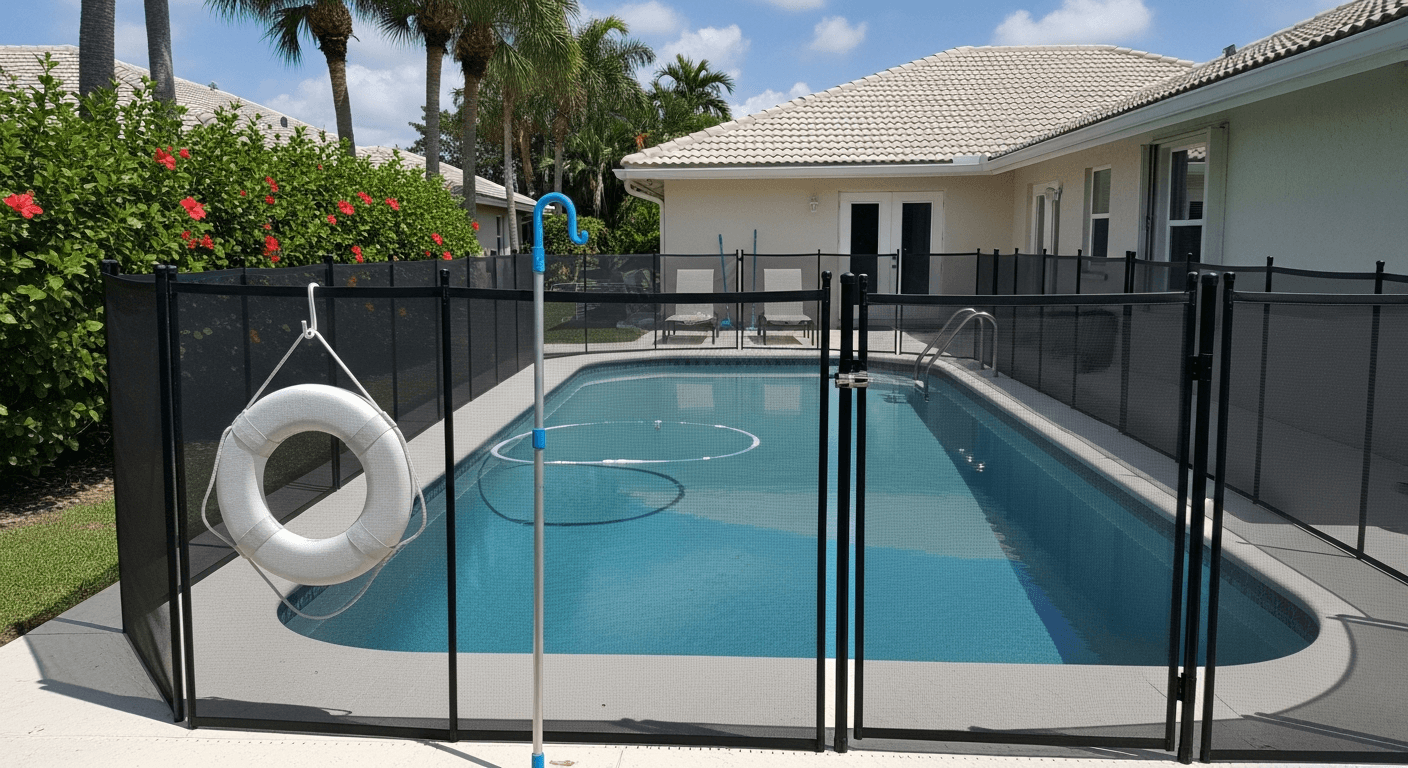 Pool safety fence and child-proof barriers installed around residential Florida swimming pool