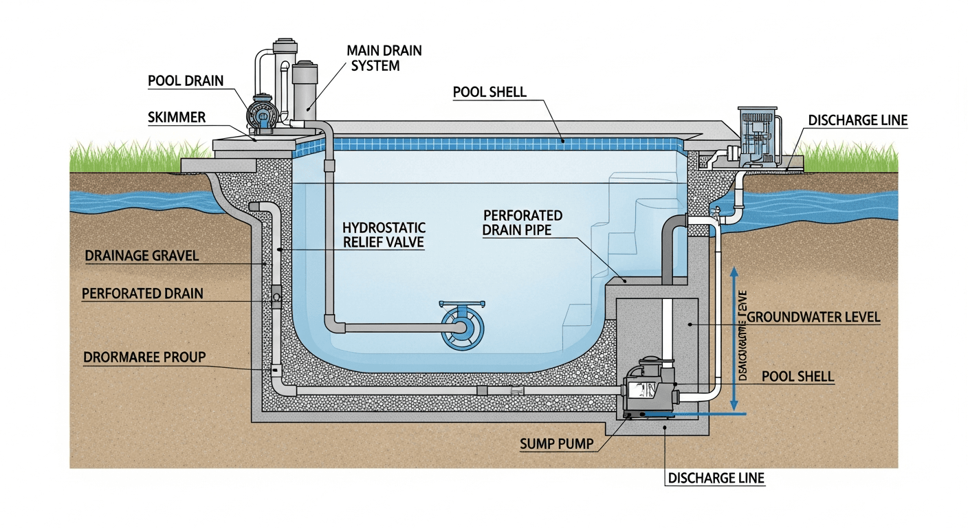 Pool sump system installation showing hydrostatic pressure relief in Florida groundwater conditions