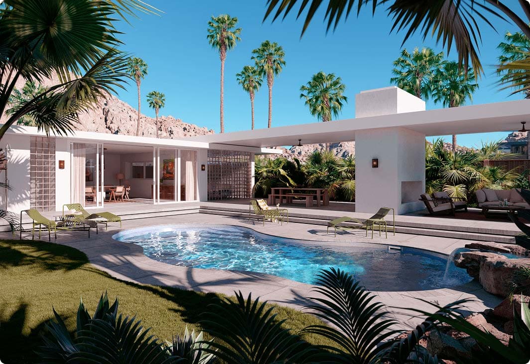 Beautiful residential swimming pool with professional tropical landscaping