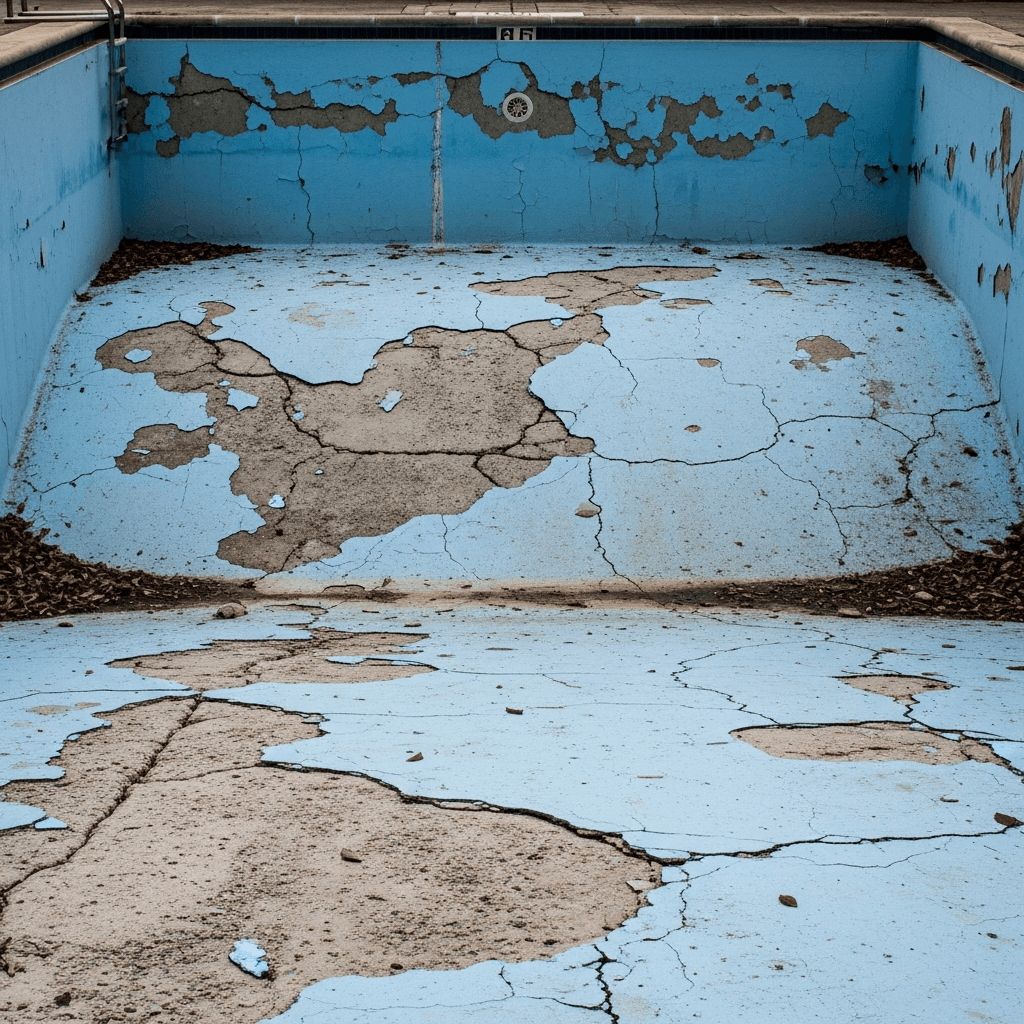 Aging concrete pool before reinforced PVC membrane renovation