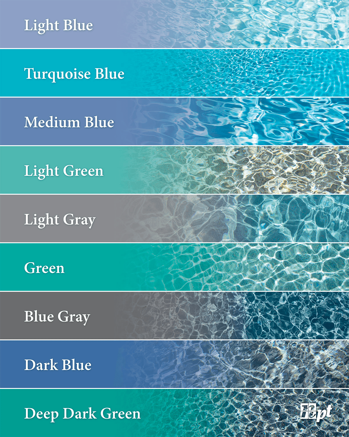 Pool color options showing Light Blue, Turquoise Blue, Medium Blue, Light Green, Light Gray, Green, Blue Gray, Dark Blue, and Deep Dark Green water effects