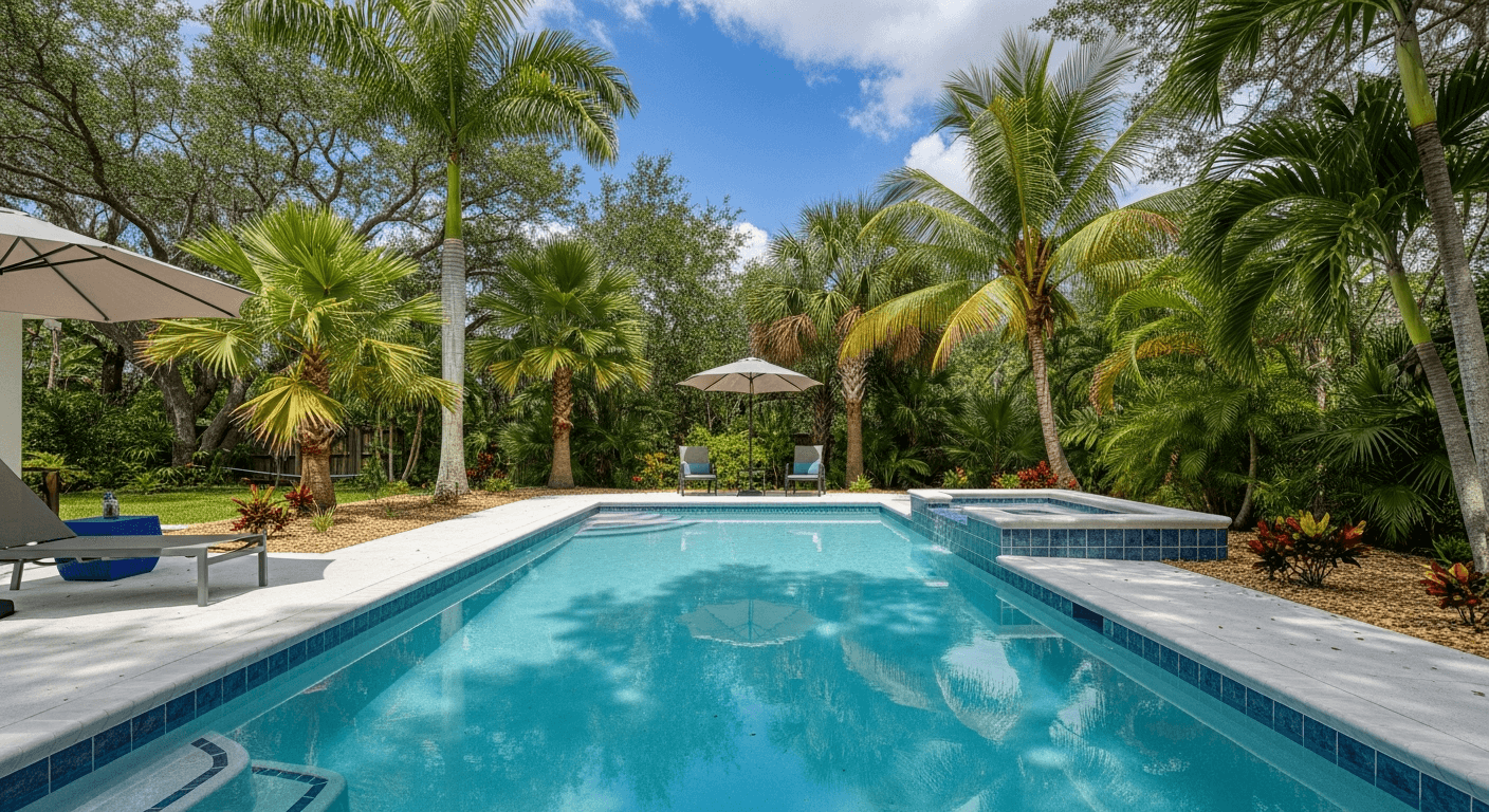 Beautiful backyard fiberglass pool in Florida with tropical landscaping and modern design