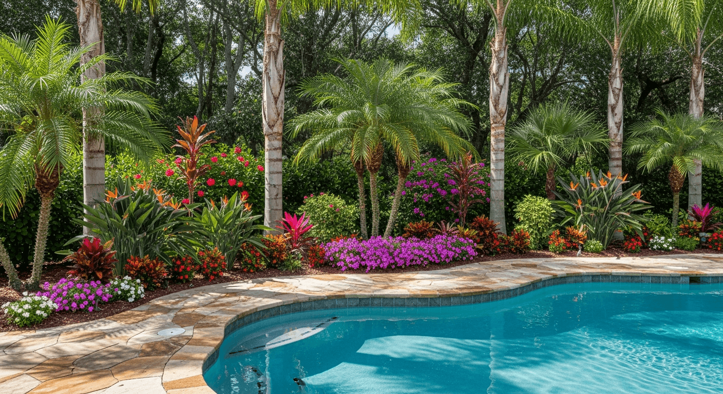 Tropical pool landscaping with Florida native plants, palm trees, and resort-style design