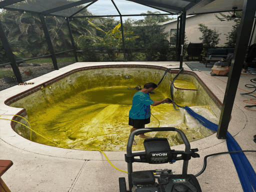 Fiberglass pool resurfacing before and after transformation in Florida - damaged pool surface restored to crystal clear blue using professional vinylester gelcoat resurfacing by Cool Pool of Florida